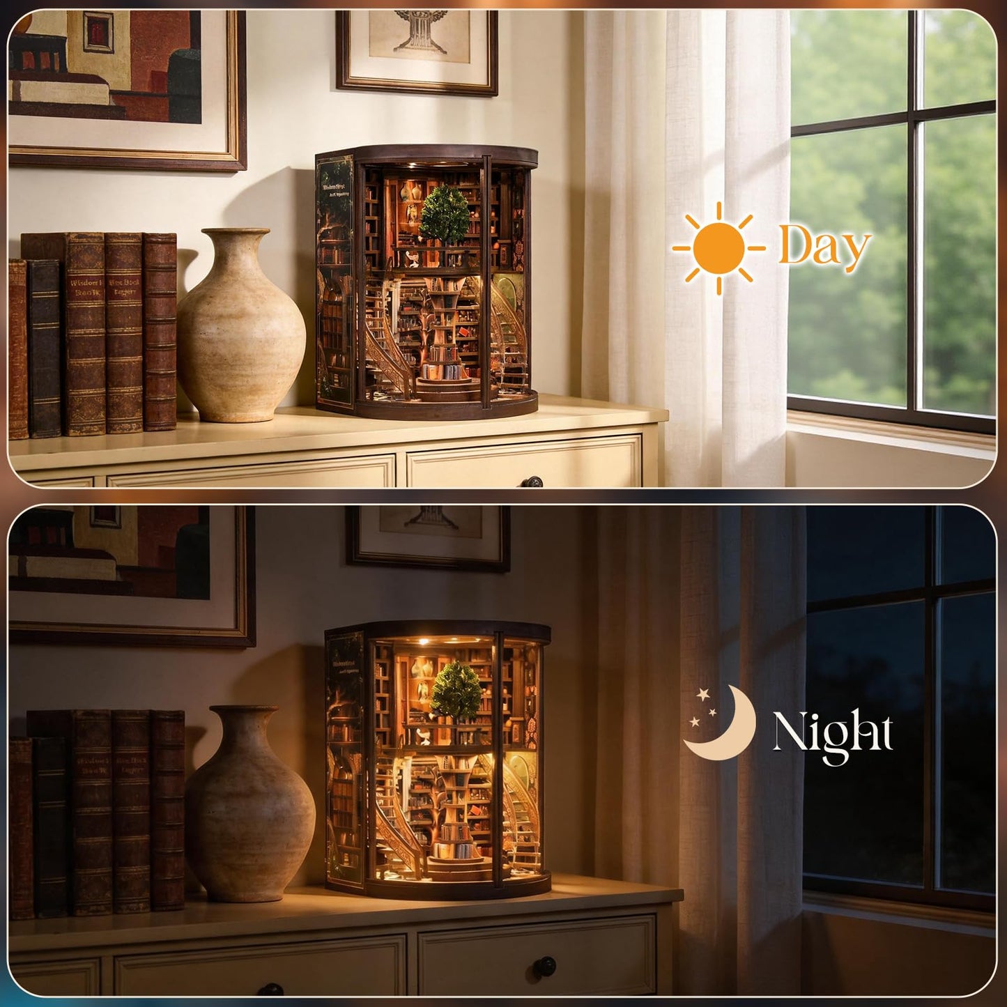 Kaayeewood Book Nook Kit, 3D Wooden Puzzles for Adults, DIY Miniature House Kit for Adults, Booknook with LED Light, Gifts for Family, Friends and Book Lovers, Bookshelf Decor(Wisdom Rings)