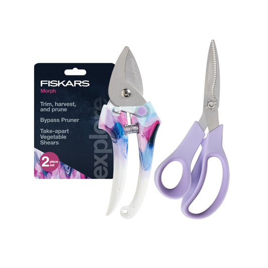 Fiskars 2-Piece Pruning & Veggie Shears Set, Explore Collection Garden Tool Kit, Bypass Pruner for Light Trimming, Vegetable Shears with Serrated Stainless Steel Blades for Harvesting Flowers & Herbs