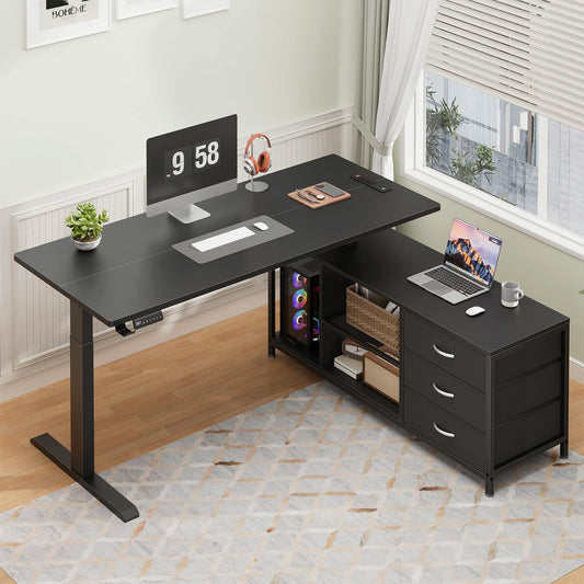 Gacfiew L Shaped Electric Standing Desk with Drawers & Shelves, Height Adjustable Corner Computer Desk with Power Outlets, 55 Inch Sit Stand Executive Desk with Storage for Home Office, Black