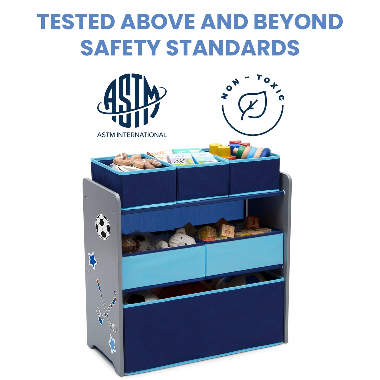 Delta Children Design and Store 6 Bin Toy Organizer, Grey/Blue
