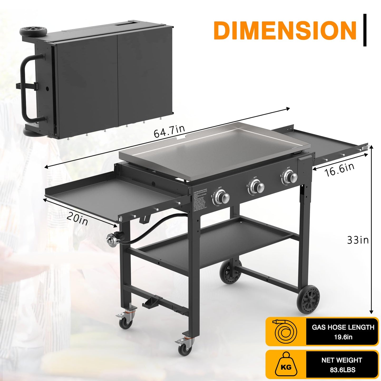 ADREAK 3 Burner Foldable Gas Griddle, 32 Inch Stainless Steel Portable Detachable Propane Griddle, 45,000 BTU Flat Top Barbecue Grill with Side Shelves for Camping