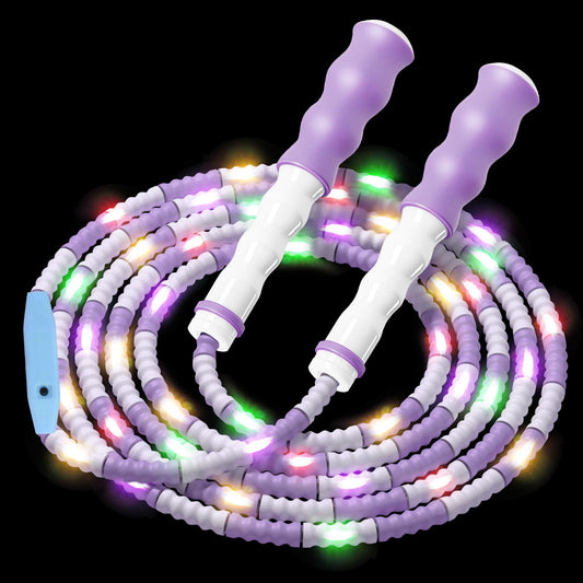 JAMIEWIN LED Light Up Jump Rope for Kids, Adjustable Colorful beaded jump rope for Girls & Boys 4 5 6 7 8 10 12, Segmented Soft Beaded glow in the dark Skipping rope for Fitness Workout - Purple