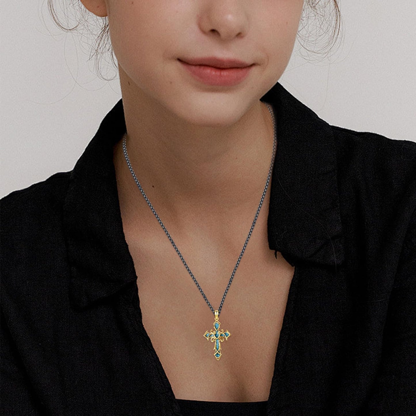 YEESIA Cross Necklace for Men Women, 925 Sterling Silver, Gold Cross Pendant Necklace with Turquoise, Christian Jewelry, Gift for Men Women