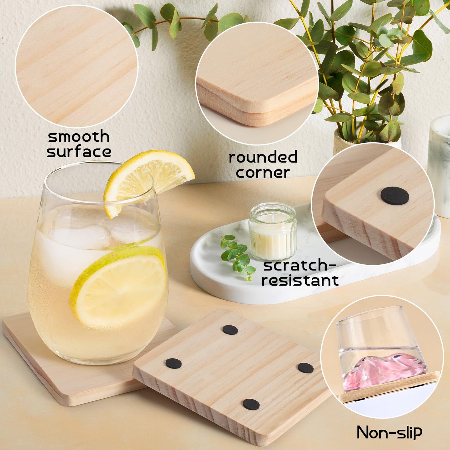 60 Pieces Unfinished Wood Coasters, GOH DODD 4 Inch Wooden Blanks with Non-Slip Pads for Laser Engraving Wood Burning Staining Painting Decoupage Housewarming Gifts Wedding Crafts Education, Square