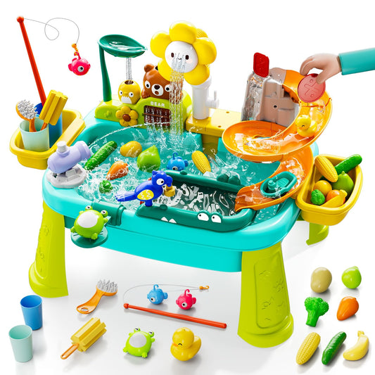 4-in-1 Kids Play Sink with Running Water, Mini Water Table with Detachable Legs, Upgraded Faucet and Dishes, Children Electric Dishwasher Toy, Kitchen Sensory Set (Blue)