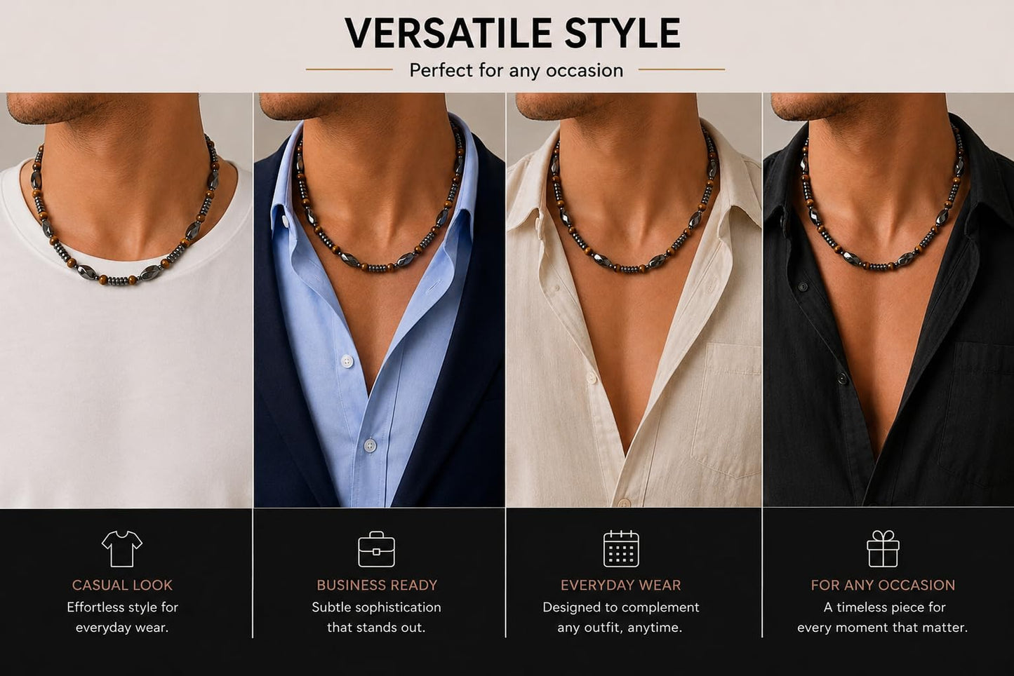 Accents Kingdom Men's Tiger Eye & Hematite Necklace - Natural Stone Beaded Necklace with Magnetic Clasp, Modern Masculine Jewelry for Casual, Business & Golf Wear, 20"