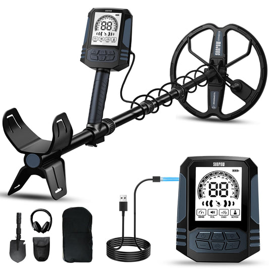 SUNPOW Rechargeable Metal Detector for Adults - 2500mah Lithium Battery for 35H Use - Waterproof Gold Detector with 10'' Deep Dual D-Coil, 4 Professional Modes, Sturdy Spiral Structure – OTMD15