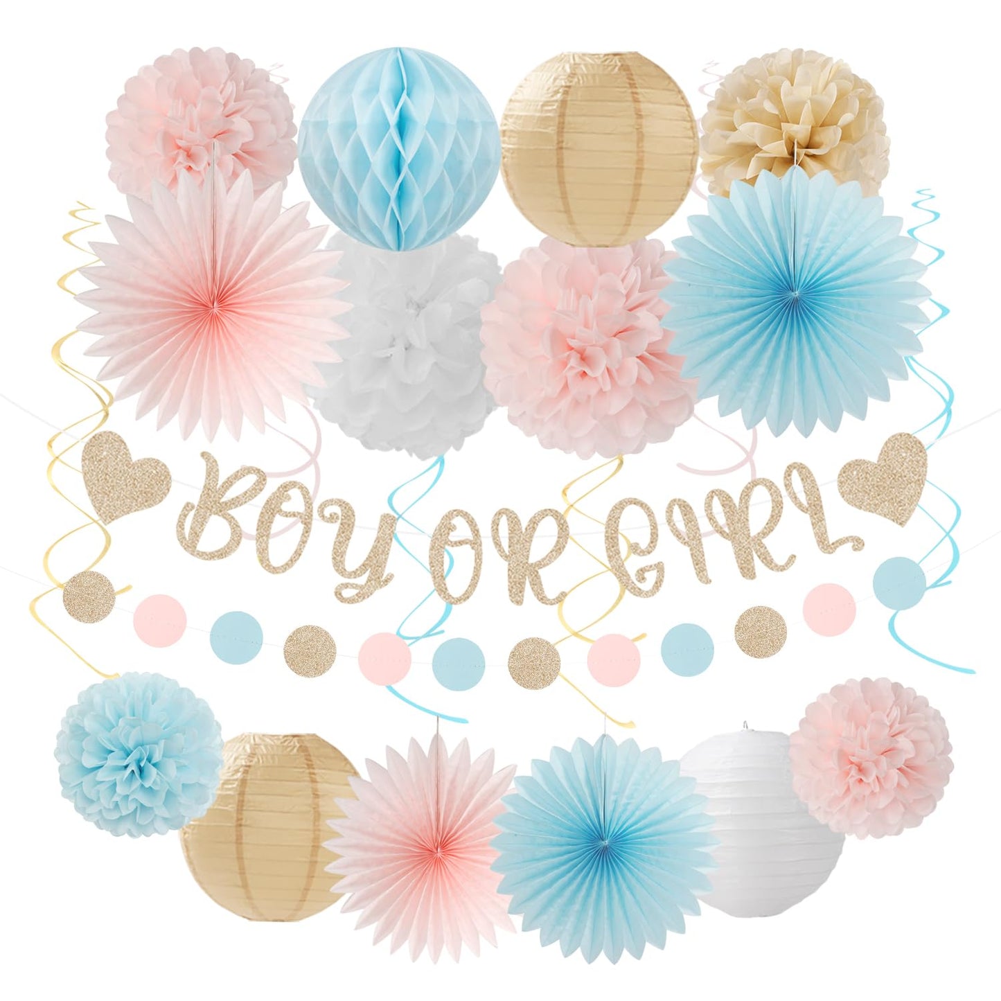 Light-Pink Blue Champagne Gender-Reveal Party-Decorations - 22pcs Boy Or Girl Banner,Neutral Paper Lanterns Streamers,Tissue Pom Poms Flowers Fans Bear Theme Decor Supplies Hugmoon