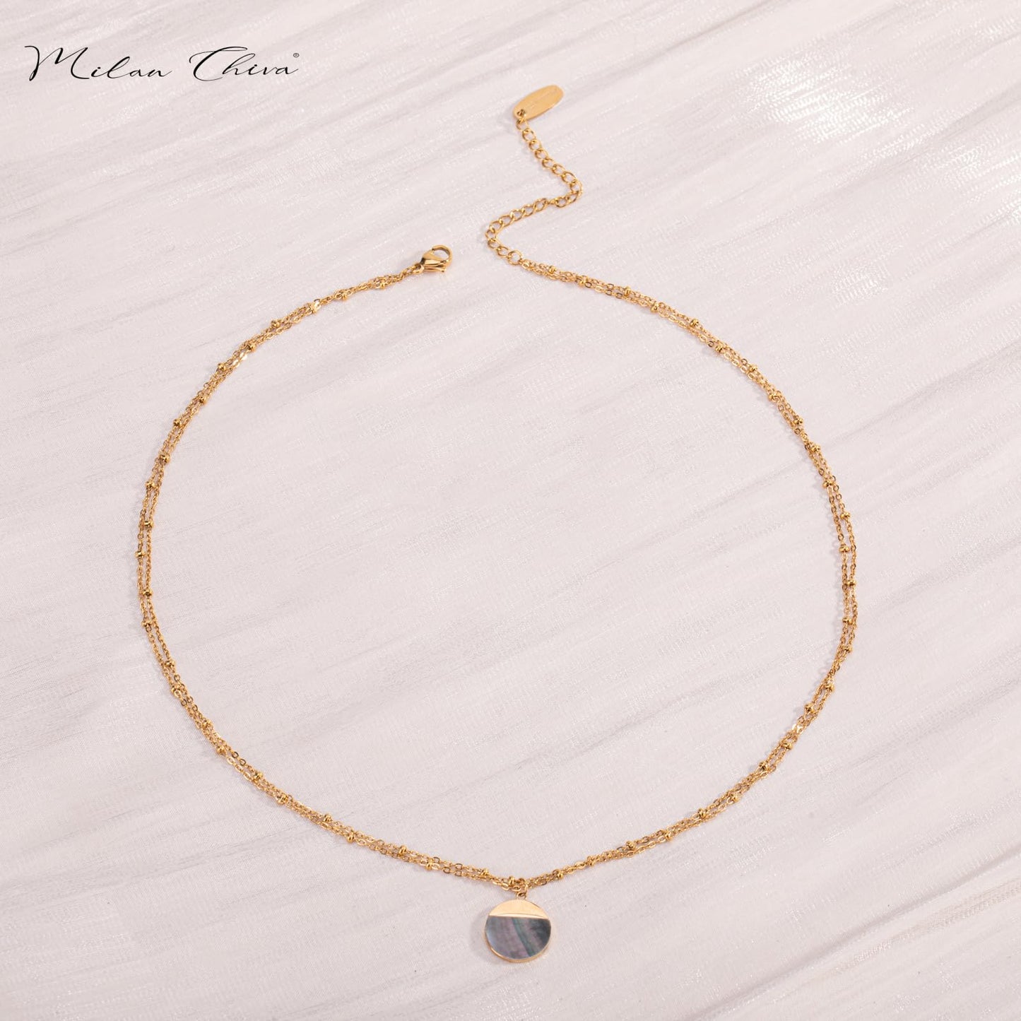 Milan Chiva 14K Gold Plated Grey Mother of Pearl Layered Stacked Necklace for Women, Dainty Trendy Non Tarnish Circle Pendant Charm Necklaces Fashion Jewelry for Women Waterproof MNS-1008GY