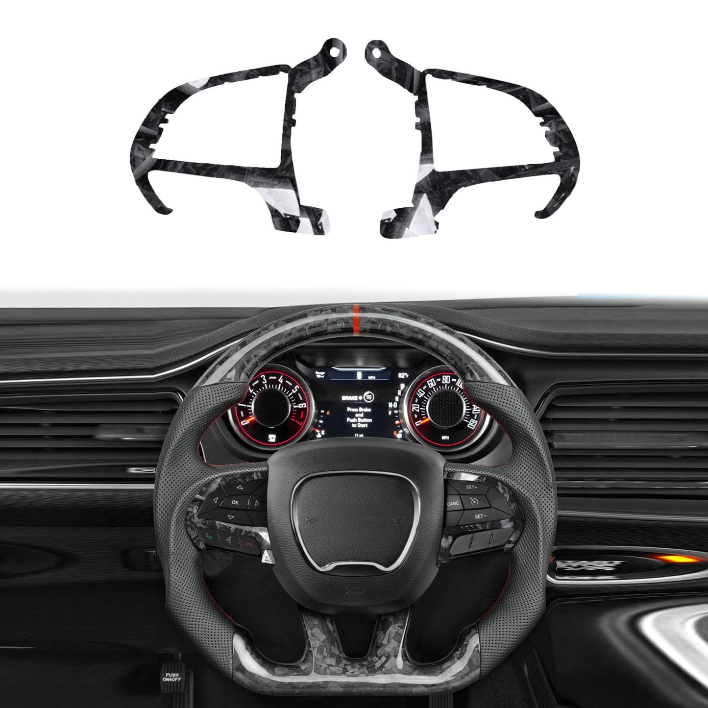 EASSAFEX Forged Carbon Fiber Steering Wheel for Dodge Charger/Challenger/Durango/Jeep Grand Cherokee/SXT/GT/RT/SRT/Heallcat 2015-2020, D-shaped Flat-bottom Perforated Leather Grip with Trim