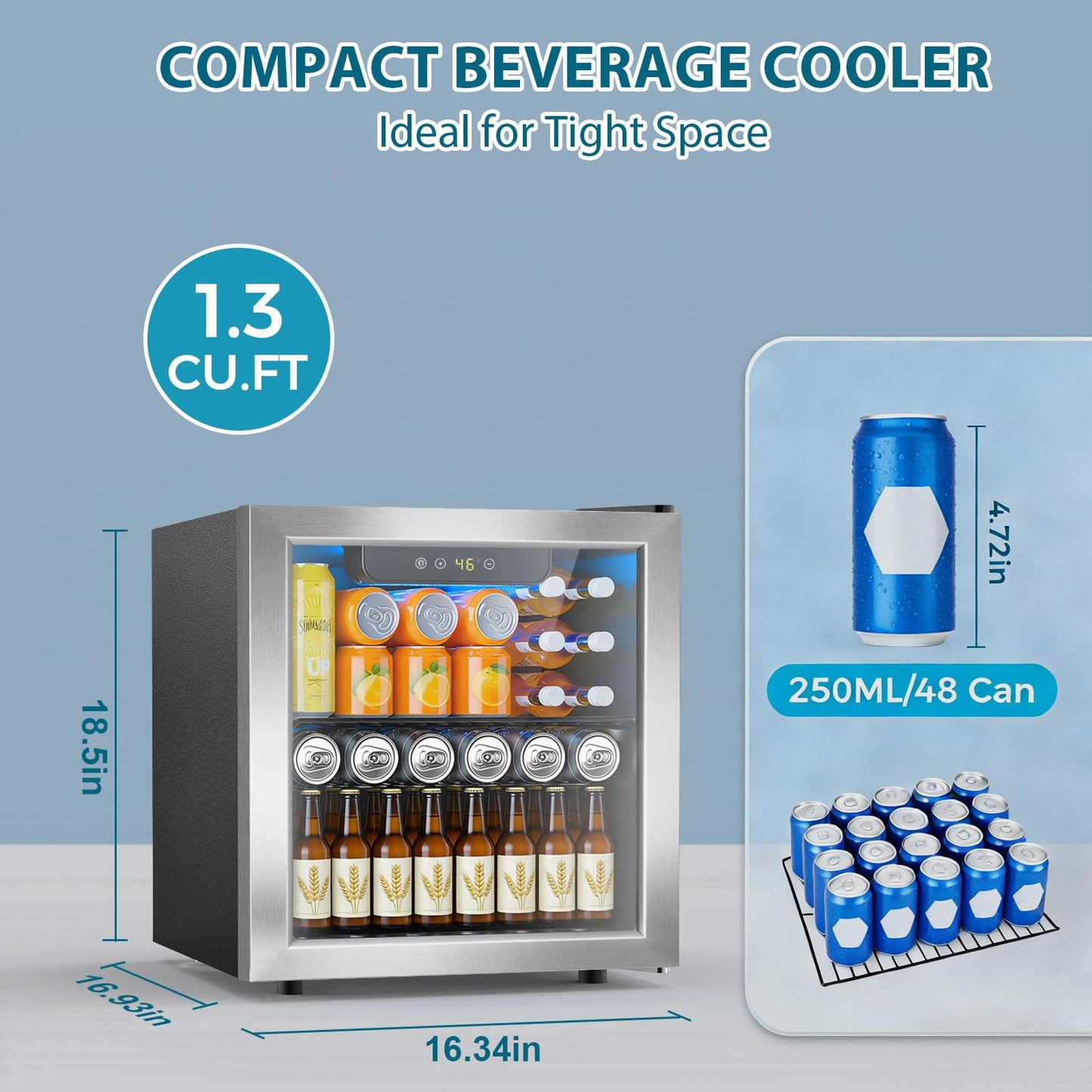 Electactic 48 Can Beverage Refrigerator,12 Bottle Wine Cooler with Seamless Stainless Steel & Glass Door, Digital Temperature Display, Countertop Mini Fridge for Soda, Wine or Beer, Silver