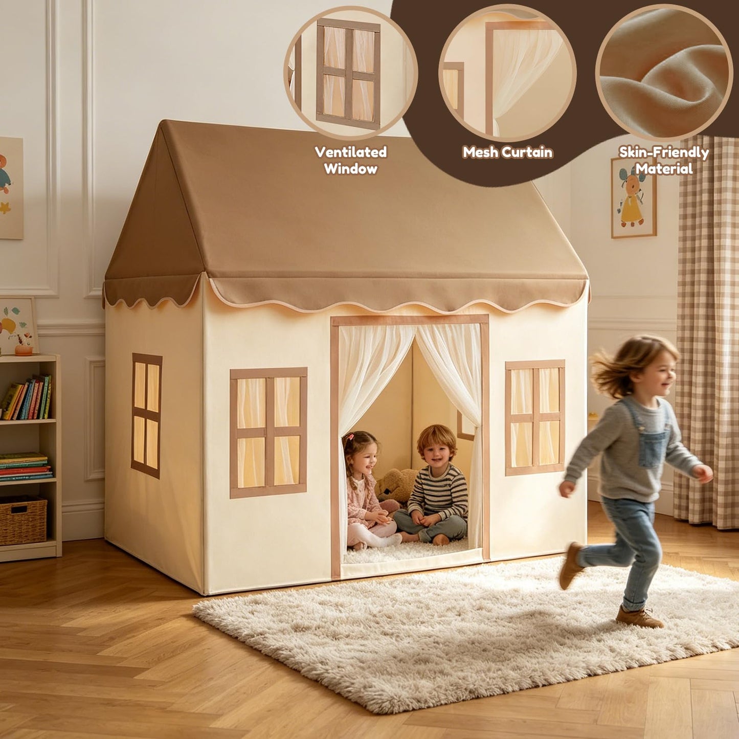 WIRHAO Kids Tent with Padded Mat Playhouse with Large Space for Toddlers Indoor Kids Play Tent for Girls Boys with Stars Lights, Carry Bag, Banner Flag (Brown)
