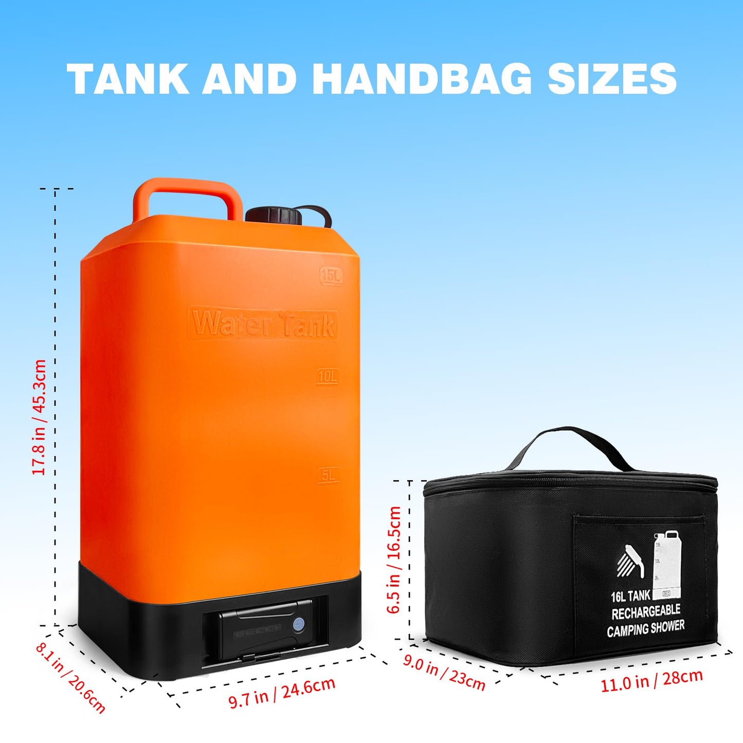 B. TAWD 4.5 Gallon Silicone Water Tank, Portable Camping Shower, USB Battery Charging, Solar Heating, with Shower Head, Electric Portable Outdoor Shower, Built-in Thermometer, Beach, Camping, Hiking