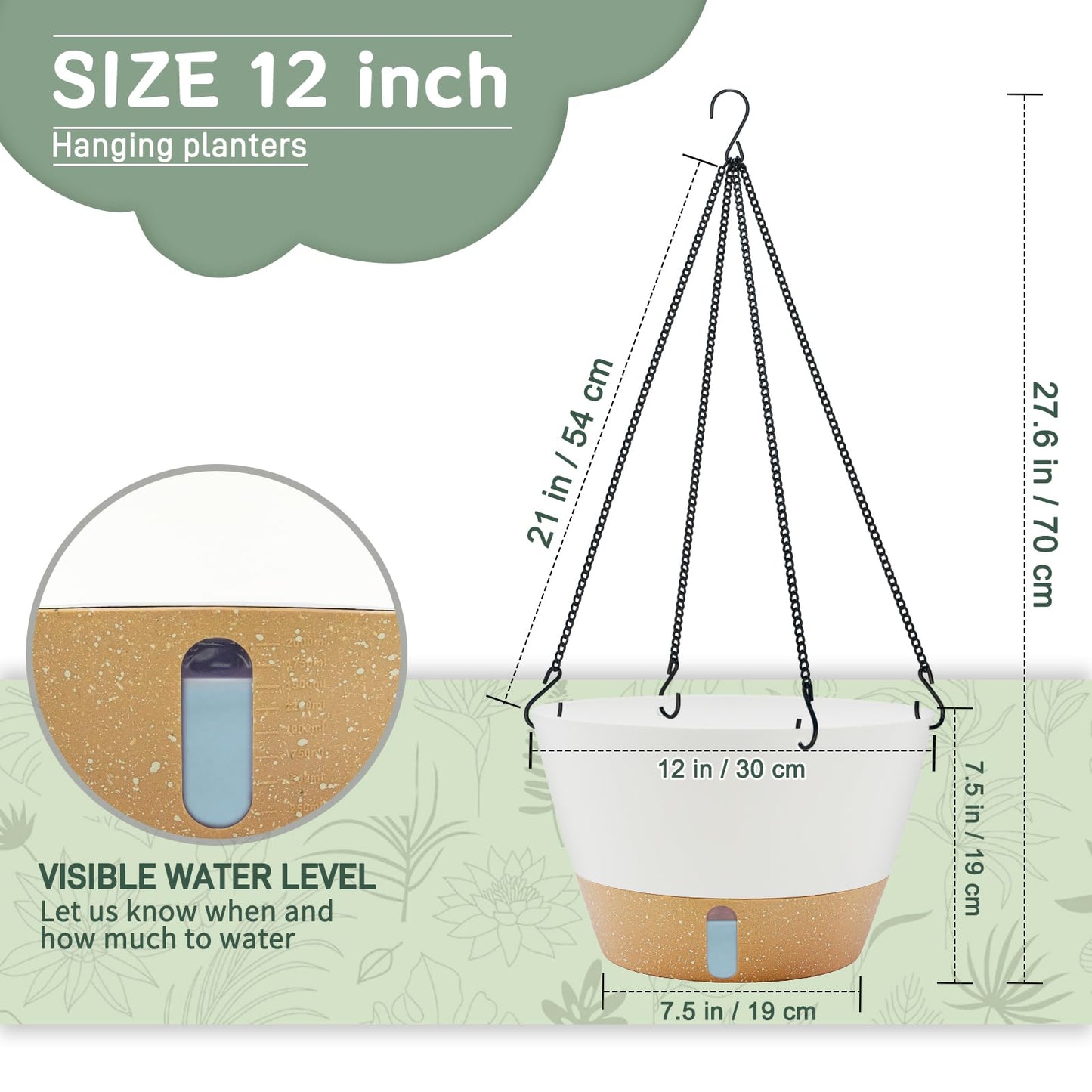 ZMTECH 12 Inch Hanging Planters for Indoor Plants, Modern White Self Watering Hanging Planter with Visible Water Level Window & Chain, Large Flower Pots for Outdoor Patio Decor