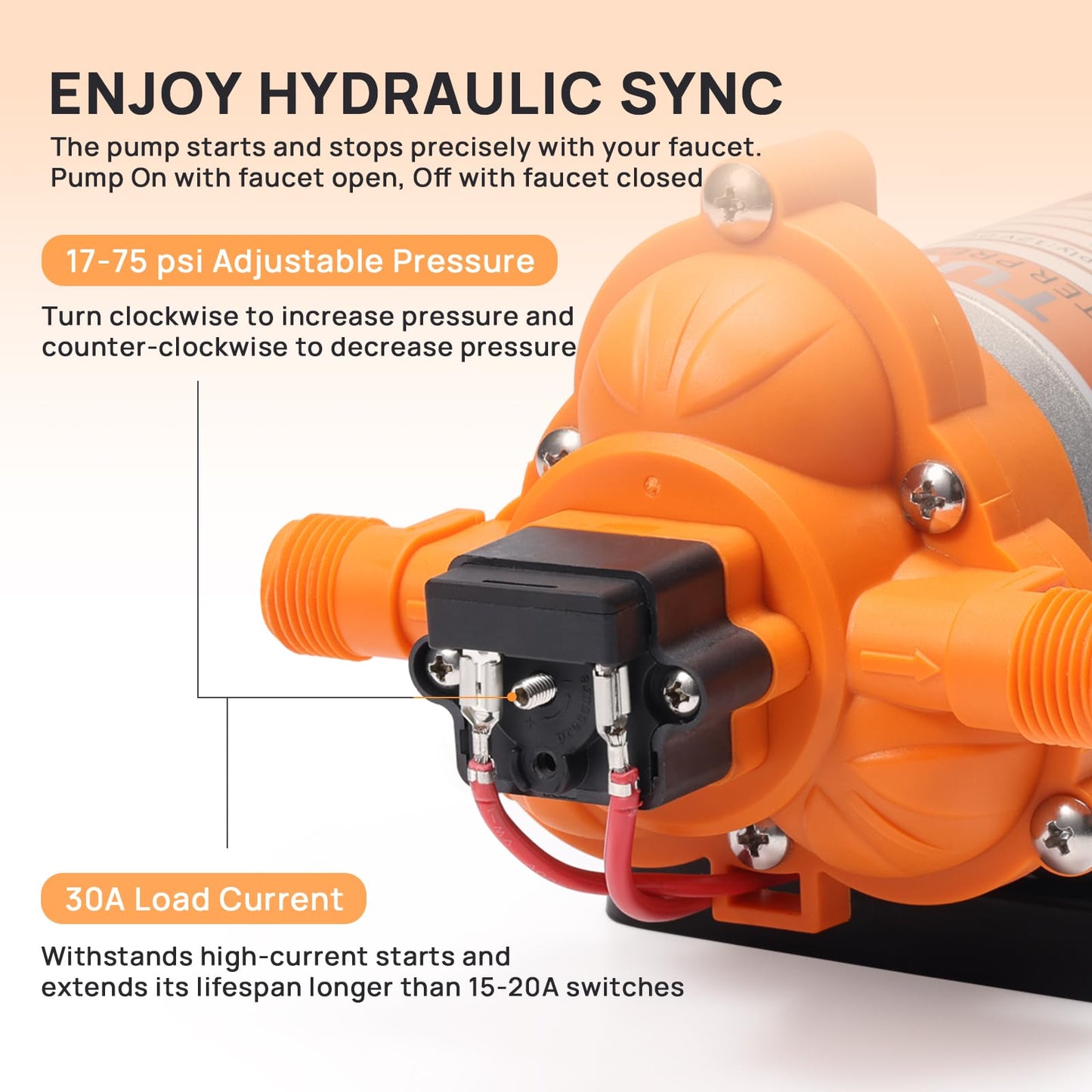TURBRO 4.0 GPM 45 psi RV Water Pump, 12V DC Self-Priming Diaphragm Pump, Water Pressure Pump with Pressure Switch and Overheating Protection, for RV, Marine, Boat, Yacht, Camper, Garden, Irrigation