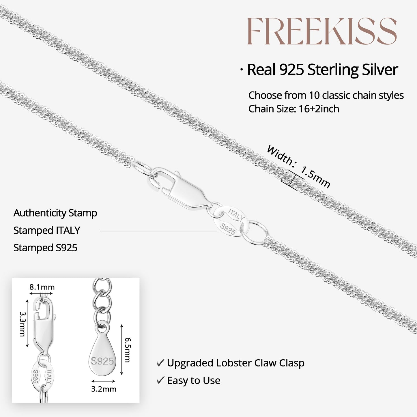 Freekiss 925 Sterling Silver Chain Choker Necklace for Women Trendy 16+2 Inch Adjustable Dainty Layered Sparkle Glitter Chain Necklace Simple Minimalism Fashion Silver Jewelry Gift 2.5mm