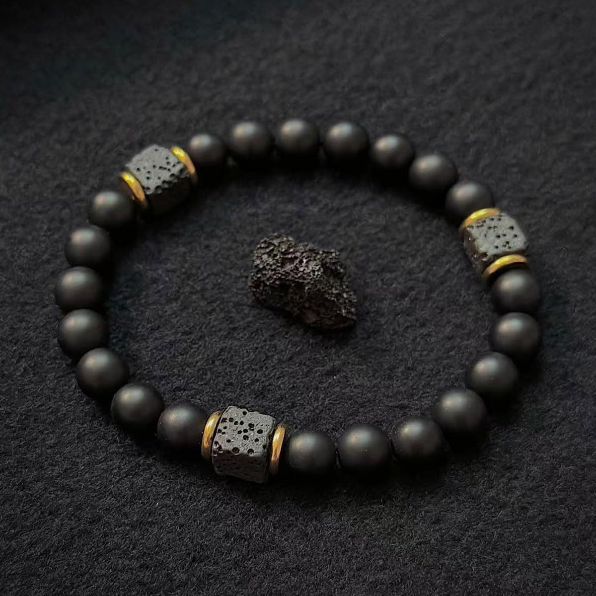 B-JWYFY Elastic Adjustable Mens Bracelet - 8mm Black Onyx & Lava Stone Beads Bracelets Jewelry Gift for Men, Beads Charm Bracelet with Elastic Cord, Birthday Gifts for Him Dad Husband