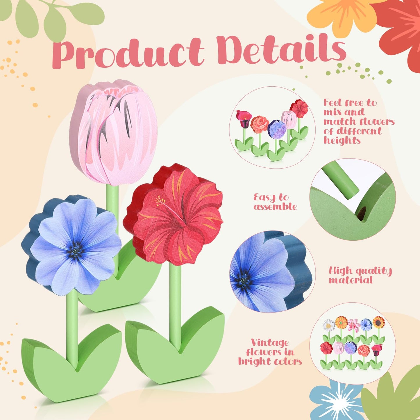 Yousoontic 10 Pack Spring Wooden Flower Table Decor Wood Tulips Daisies Centerpiece Signs Flower Shelf Sitter Floral Tiered Tray Decorations for Crafts Home Easter Office Decor Mother's Day Gifts