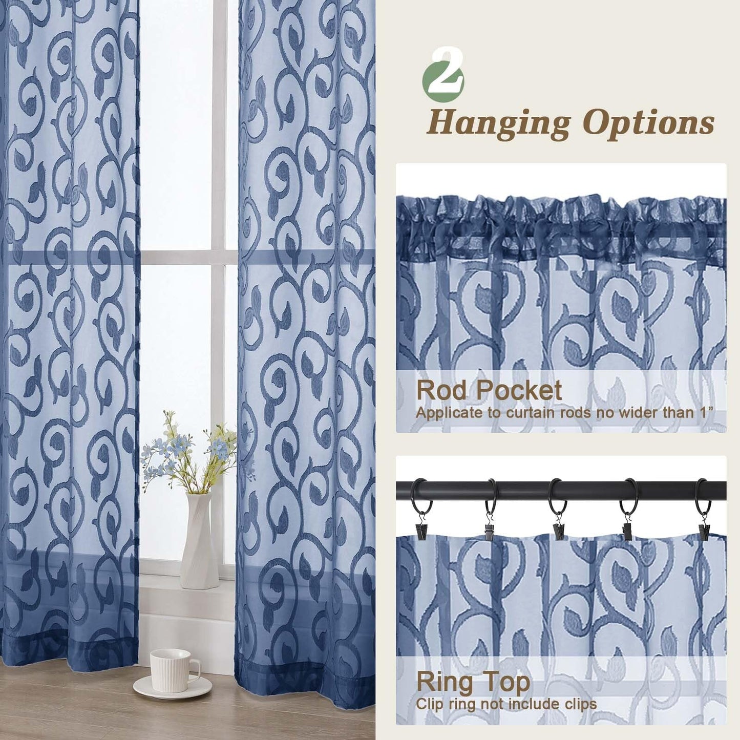 WelvetBLK Sheer Dusty Blue Curtains for Bedroom Living Room 63 Inch Length 2 Panels Set, Soft Airy Light Filtering Geometric Jacquard Clip Curtains Drapes, Modern Rod Pocket, 2Pcs 42" Wx63 L Inch