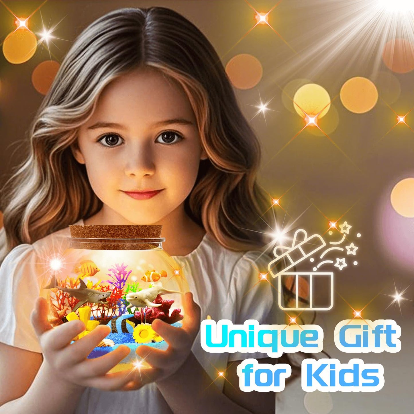 kiddgroo Unicorn&Ocean Light Up Terrarium Kit for Kids,Unicorn & Sea Animal Toys Birthday Gifts for Kids Ages 4-12 Year Old, DIY LED Night Light Craft Kit