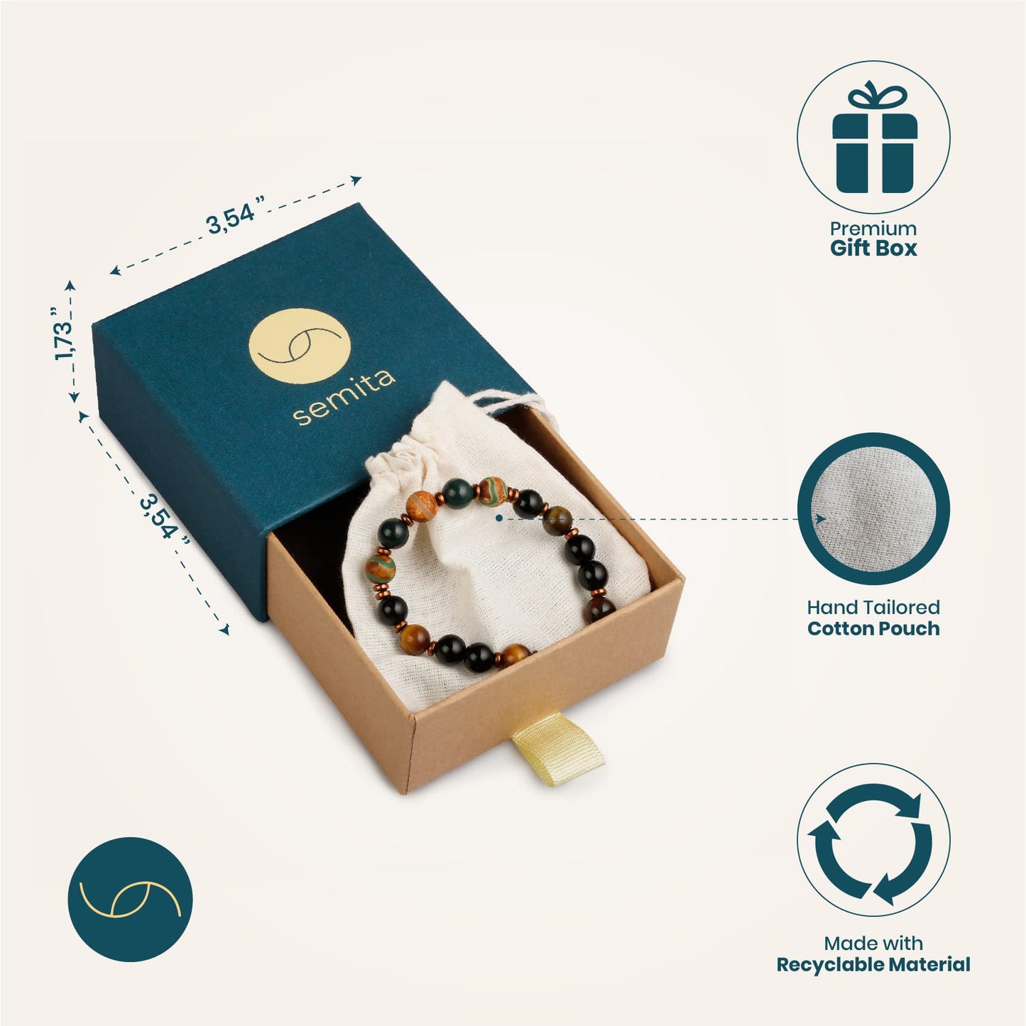 Semita Beaded Crystal Bracelet for Strength with Tigers Eye, Onyx, Bloodstone and Tibetan Agate Beads