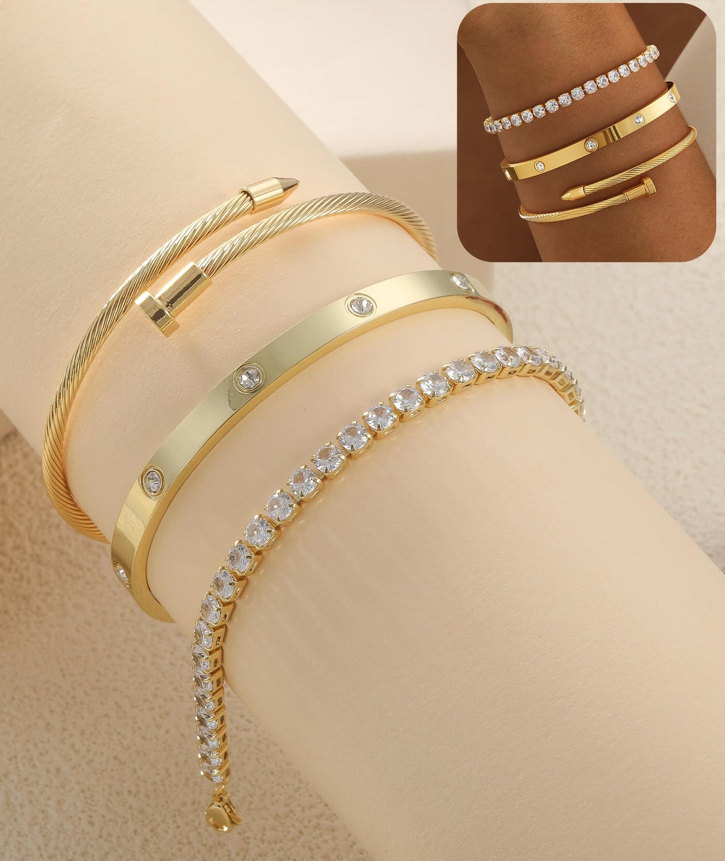 ZOERAY Silver Gold Bangle Bracelets for Women Non Tarnish 14k Gold Plated Stackable Cuff Bracelets for Women Trendy Cubic Zirconia Stainless Steel Chunky Bracelet Stack Set Waterproof Jewelry Gifts