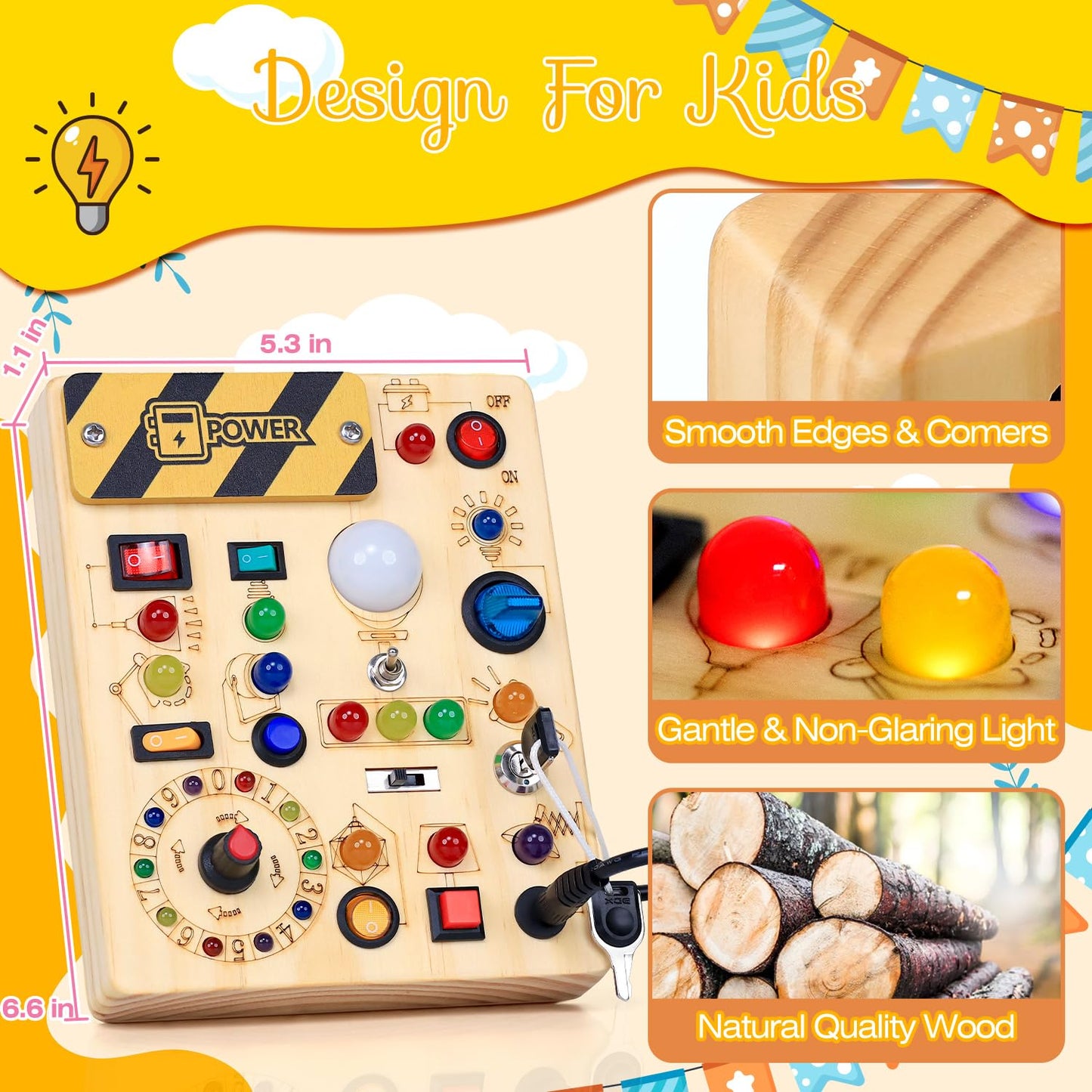 RichBoy Busy Board Montessori Sensory Toy, 37-in-1 Switch Board with 24 LED Lights, Birthday Gift for 1 2 3 Year Old Boys Girls, Safety for Toddlers Home Travel Essentials (6.7" X 5.3")