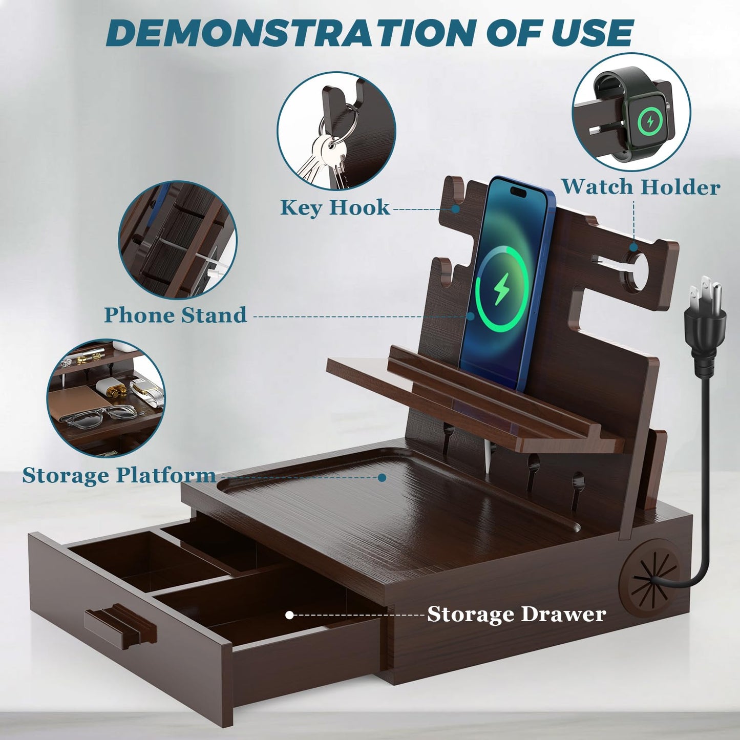 sandpaint Nightstand Organizer for Men with Drawer Wood Docking Station with USB Ports and AC Outlets, Gifts for Men, Holds Phone, Tablet, Keys, Glasses, Earphones Etc（Brown）