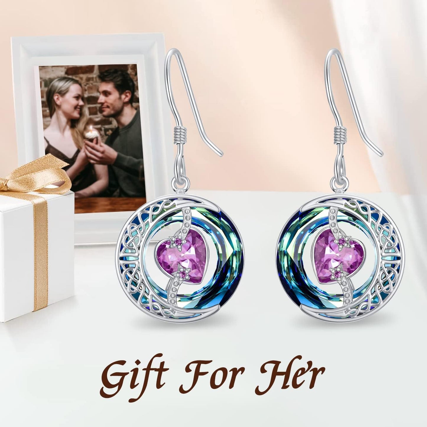 TOUPOP Pink Tourmaline Earrings October Birthstone Earrings Sterling Silver Moon and Star Drop Dangle Earring Jewelry Blue Crystal Birthday Mothers Day Gifts for Women Mom Her