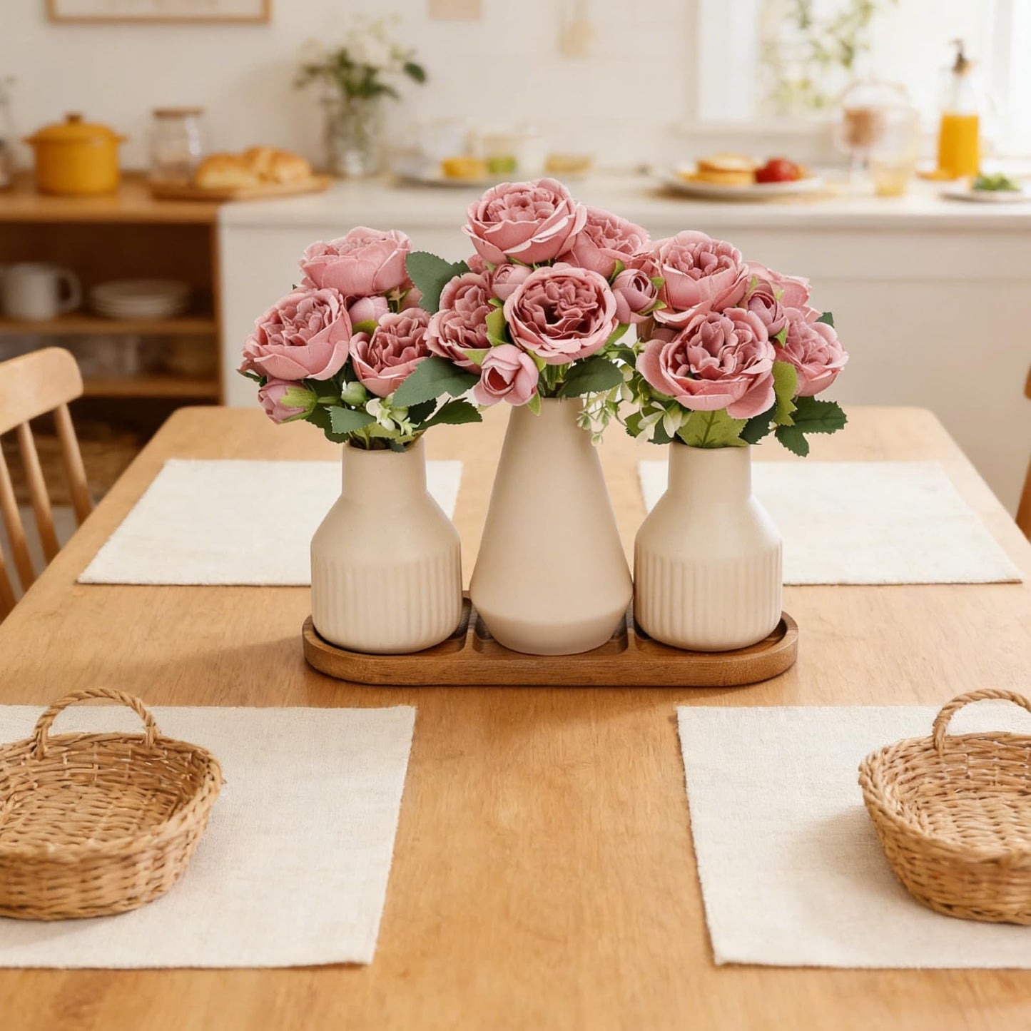 Nagobi Flower Table Centerpiece - Dining Table Centerpiece Decor Set of 3 Fake Peonies in Ceramic Vases & Wood Tray Modern for Kitchen Island Living Room Coffee Table Home Decor (Dusty Pink)