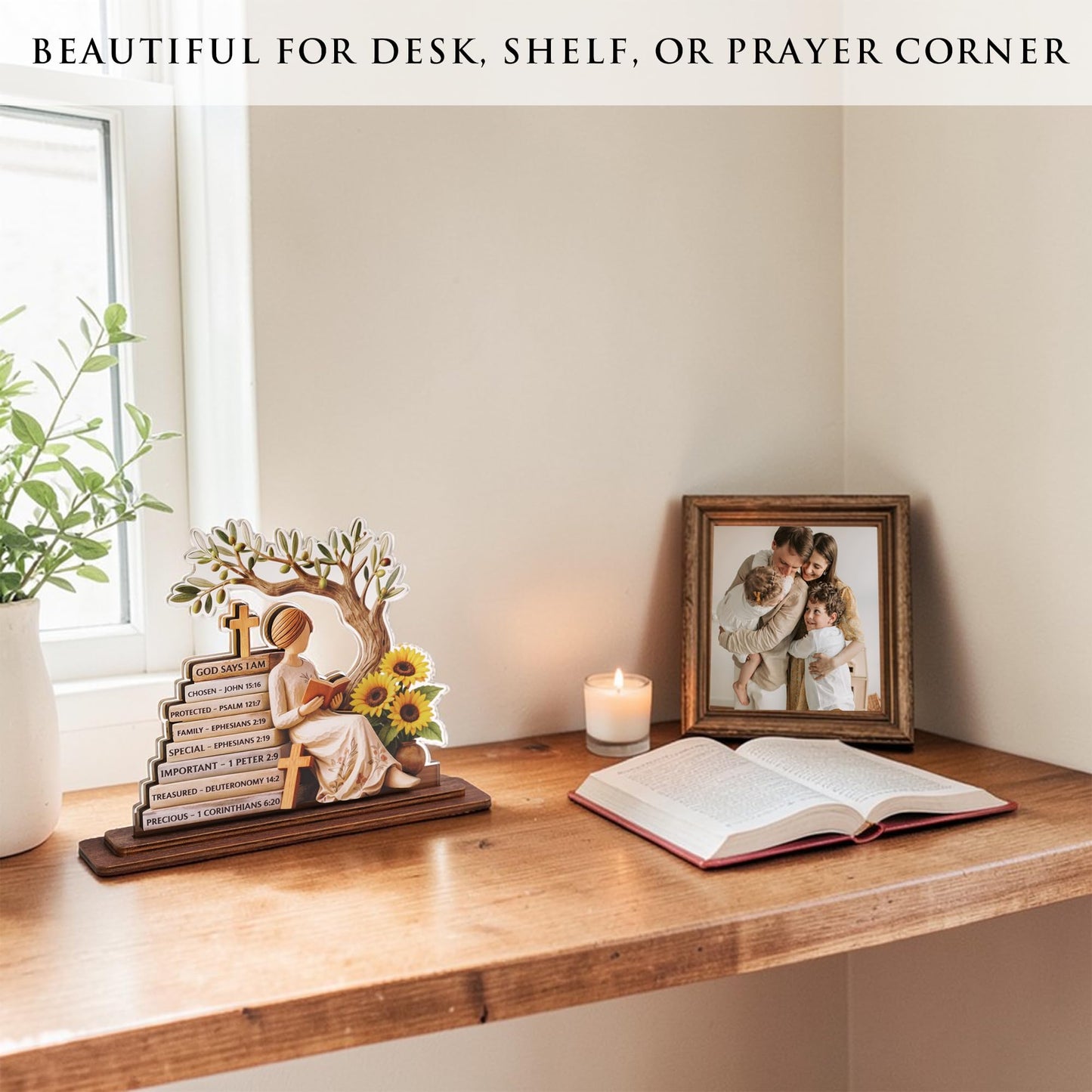 KATINAT Christian Gifts for Women, Bible Verse Desk Decor, God Says I Am Decorative Sign, Inspirational Religious Tabletop Plaque for Office Desk, Home, Prayer Room, Mother’s Day for Her