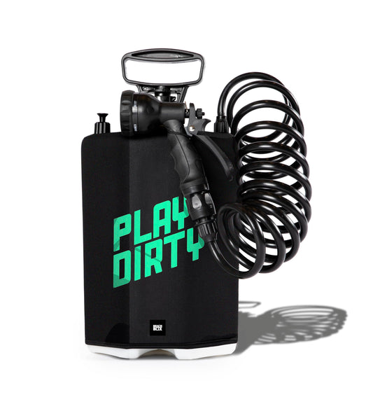 BeachBox 5 L Portable Shower for Camping with 5-Mode Spray Gun | Hand Pump (40–50 PSI), Neoprene-Insulated 7 ft Hose, Screw-Top Lid & Valve | Outdoor Portable Camp Shower (Play Dirty/Black)
