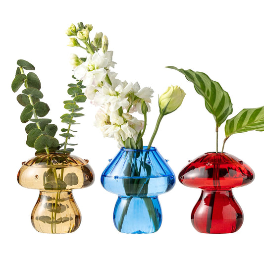 JGKYLDZ Mushroom Vases, Set of 3 Colored Plant Propagation Station, Mushroom Propagation Vase, Mini Terrarium for Plants, Cute Glass Hydroponic Vase for Flowers, Gifts for Women, Plant Lover (3)