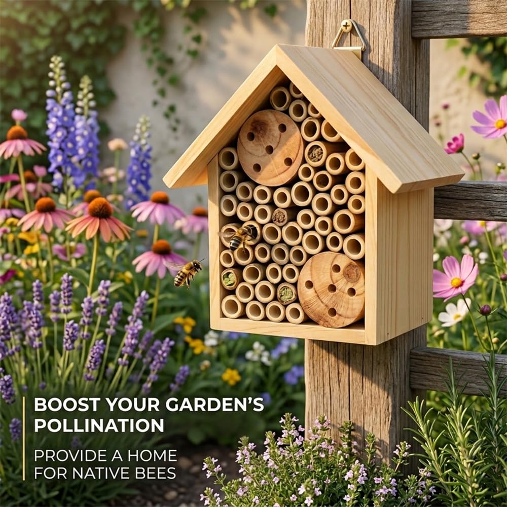 EGREE Mason Bee Houses Outdoor Wooden Bee Hotel for Garden and Yard Hand-Made Bamboo Bee Hive for Bees Butterflies and Ladybugs, Medium Size 8"x7.5"x5", Natural Finish