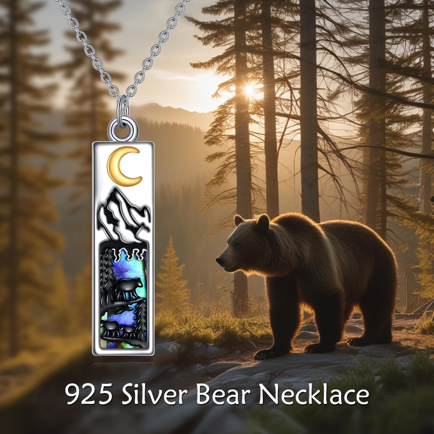 YFN Mountain Necklace for Women Sterling Silver Nature Necklace Jewelry Gift for Skiers, Hikers, Campers, Climbers and Nature Lovers (Black-Mountain with 3 Bear)