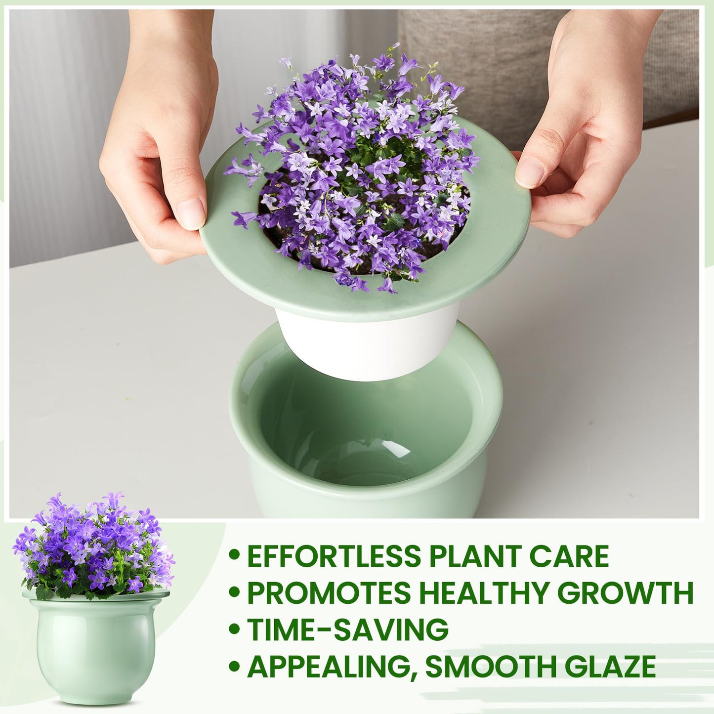Suclain 2 Pack Ceramic African Violet Pots Self Watering Plant Pot Effortless Self Watering Plant Flower for Busy Lovers, Indoor(Green,6.5 Inch)