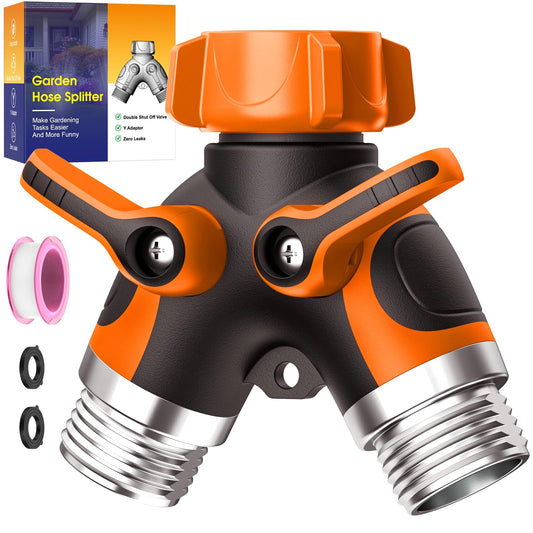 2 Way Garden Hose Splitter with Shut Off Valve,Water Spigot Splitter for 3/4" Hose Connector,Heavy Duty Metal Outdoor Faucet Splitter Y Connector for Hose,with 3 Leakproof Washers & 1 tape(2, Orange)