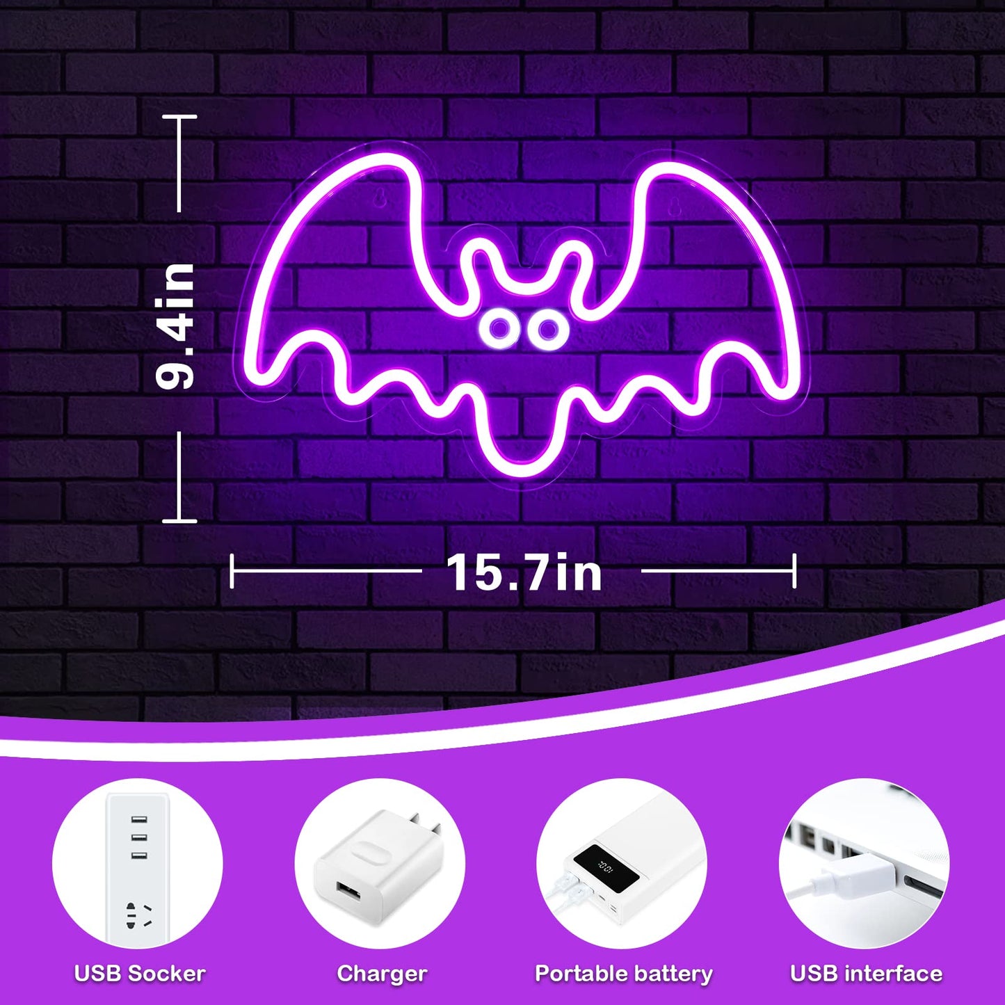 Halloween Neon Sign - Purple Bat LED Neon Sign with Dimmer 15.7x9.4 Inch, USB Powered Halloween Vampire Neon Lights for Wall Decor, Bedroom, Party, Room, Holiday, Kids Gift