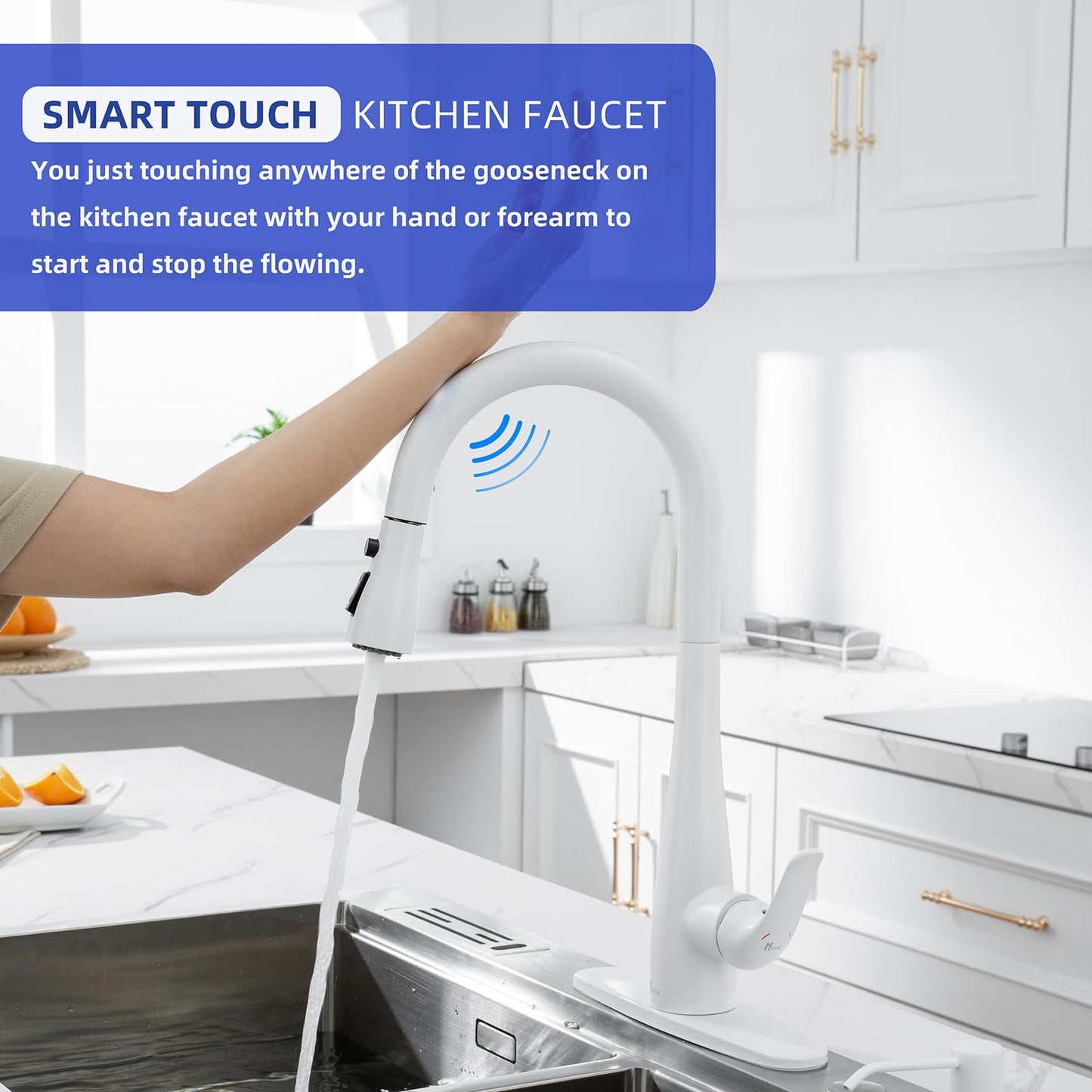 HGHGK Touch on Kitchen Faucet with Soap Dispenser and Pull Down Sprayer - Single Handle Kitchen Sink Faucet, 1 or 3 Hole Design for Modern Farmhouse Kitchens, Rv, and Bar Sinks (White)