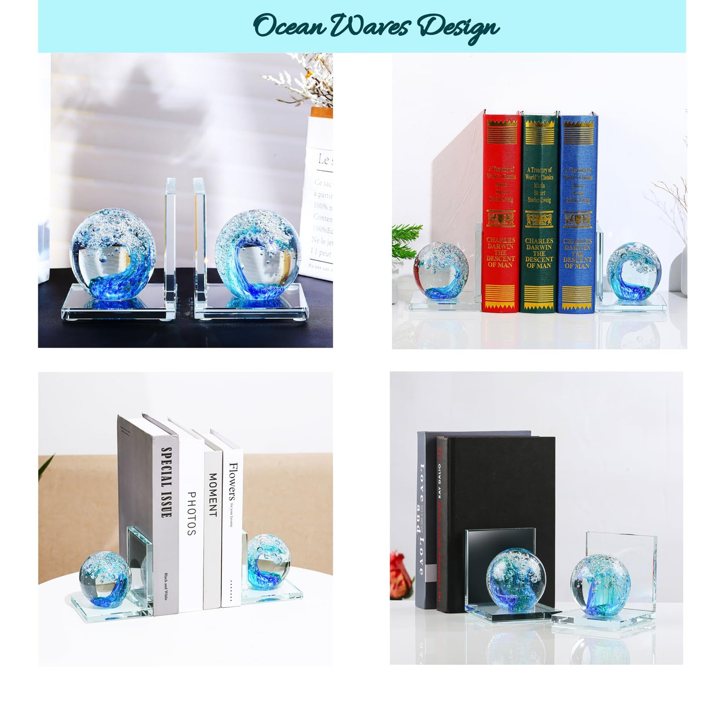Arikyrist 1 Pair Crystal Bookends for Heavy Books with Hand Blown Ocean Waves Ball Glass Decorative Non Skid Bookends for Bookshelf Office Home (Dark Blue and Dark Green)