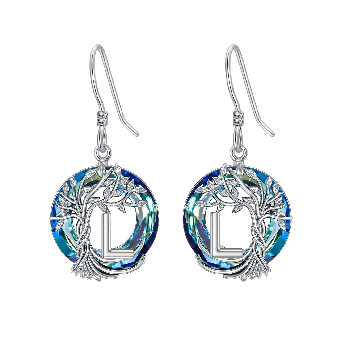 TOUPOP Tree of Life Initial Earrings Sterling Silver Initial L Letter Drop Dangle Earrings Blue Circle Crystal Family Tree Jewelry Birthday Mothers Day Gifts for Women Mom Her