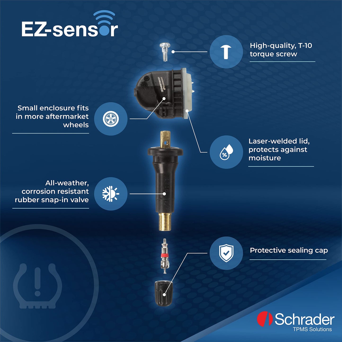 Schrader 33500 EZ-Sensor Single SKU (314.9 MHz, 315 MHz, and 433 MHz) Programmable Snap-in Fixed Angle Valve Tire Pressure Monitoring Sensor (TPMS), Requires Programming Before Installation