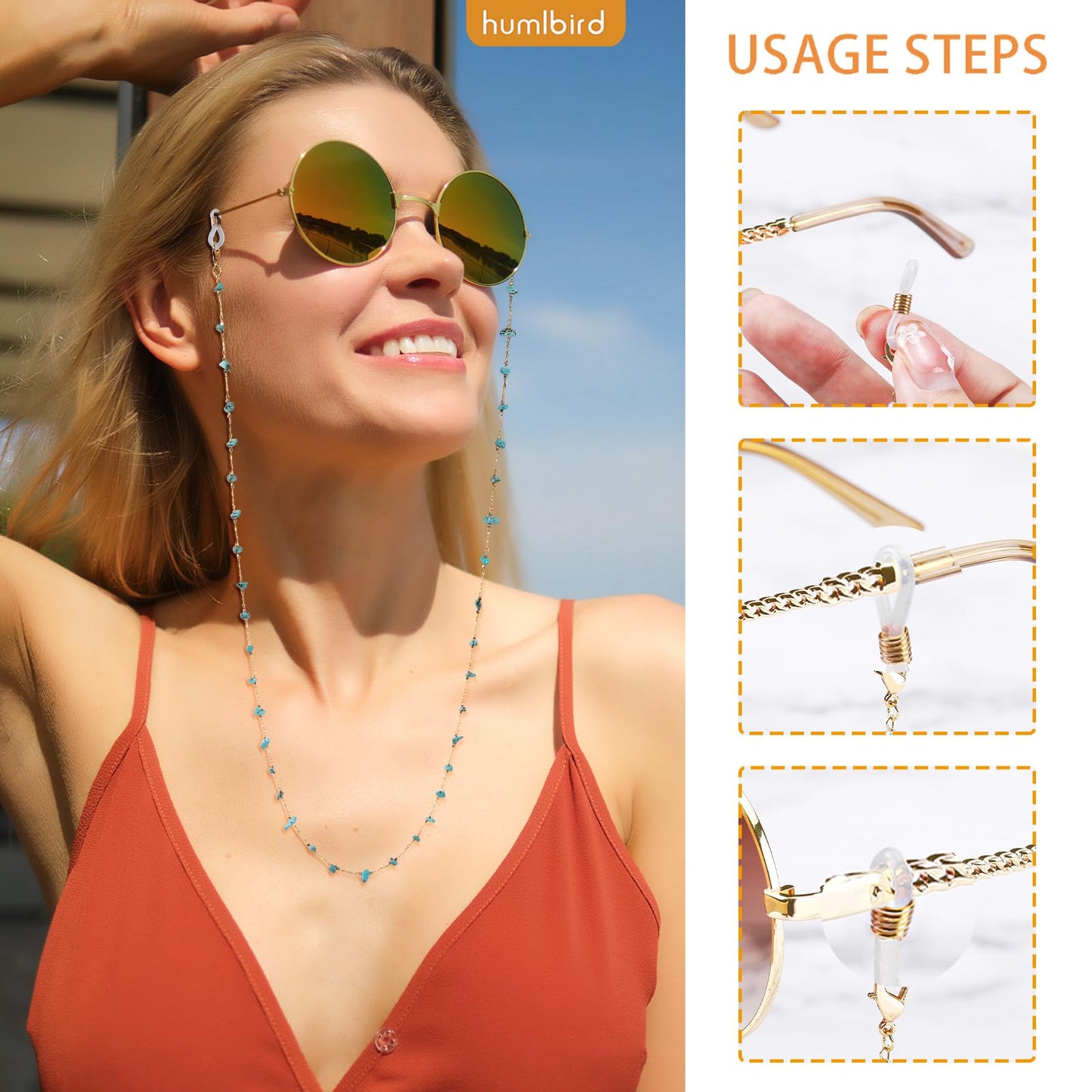 humlbird Eyeglass Chains for Women Stylish Glasses Lanyard Sunglass Chain Natural Crystal Mask Chain Eye Glasses Strap Blue