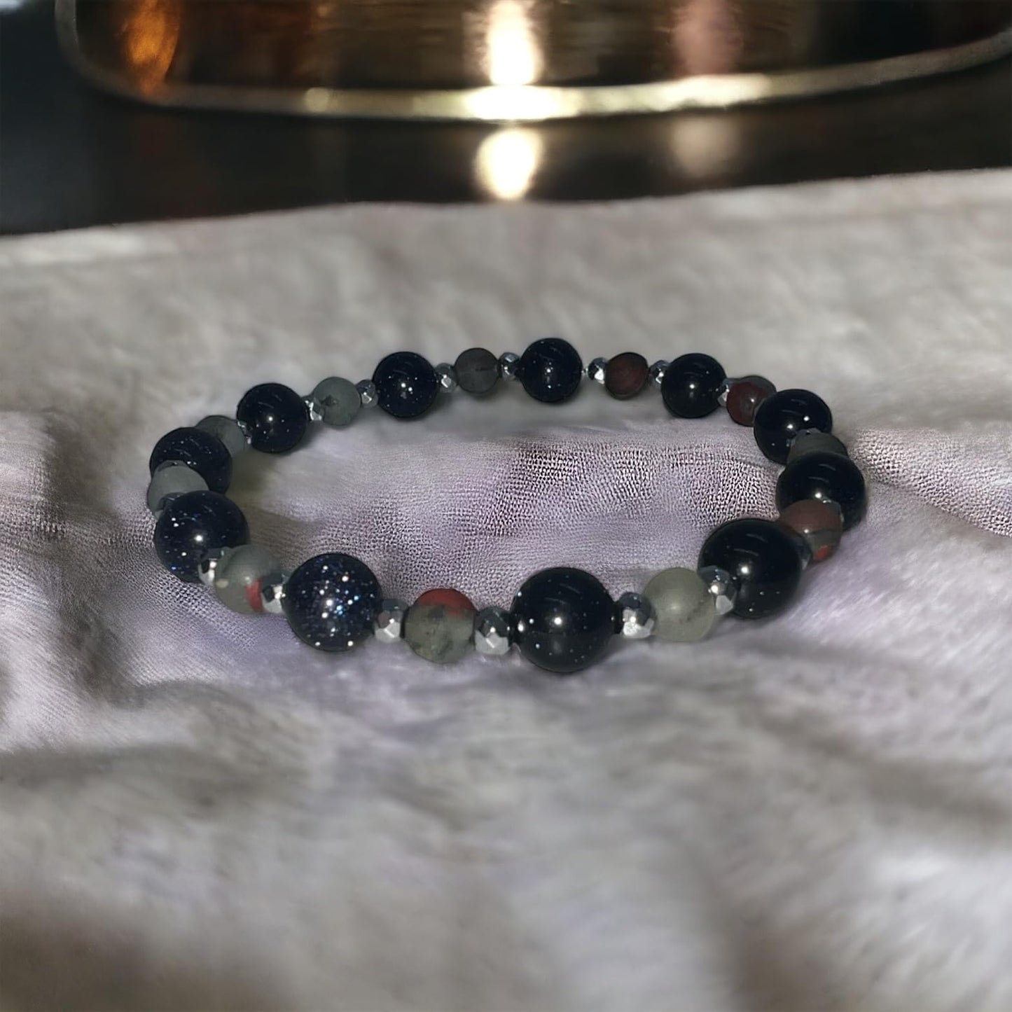“DEXTER BRACELET” (Purple Goldstone & African Bloodstone) Natural Gemstone Healing Bracelet - [6.5 inches]