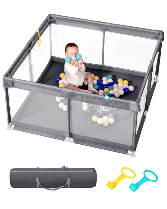 50" x 50" Extra Large Baby Playpen for Babies and Toddlers, Safe with Soft Play Fence, Indoor Safety Yard, Easy to Assemble and Clean (Gray)