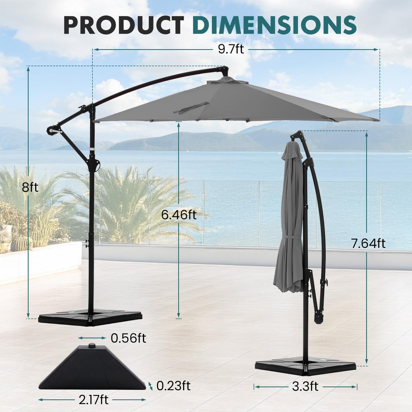 OLIXIS 9.8FT Offset Patio Umbrella with Base, Cantilever Table Umbrellas for Outdoor Sun Shade UV Protection with Easy Tilt Adjustment, 8 Ribs for Backyard, Lawn, Garden, Pool