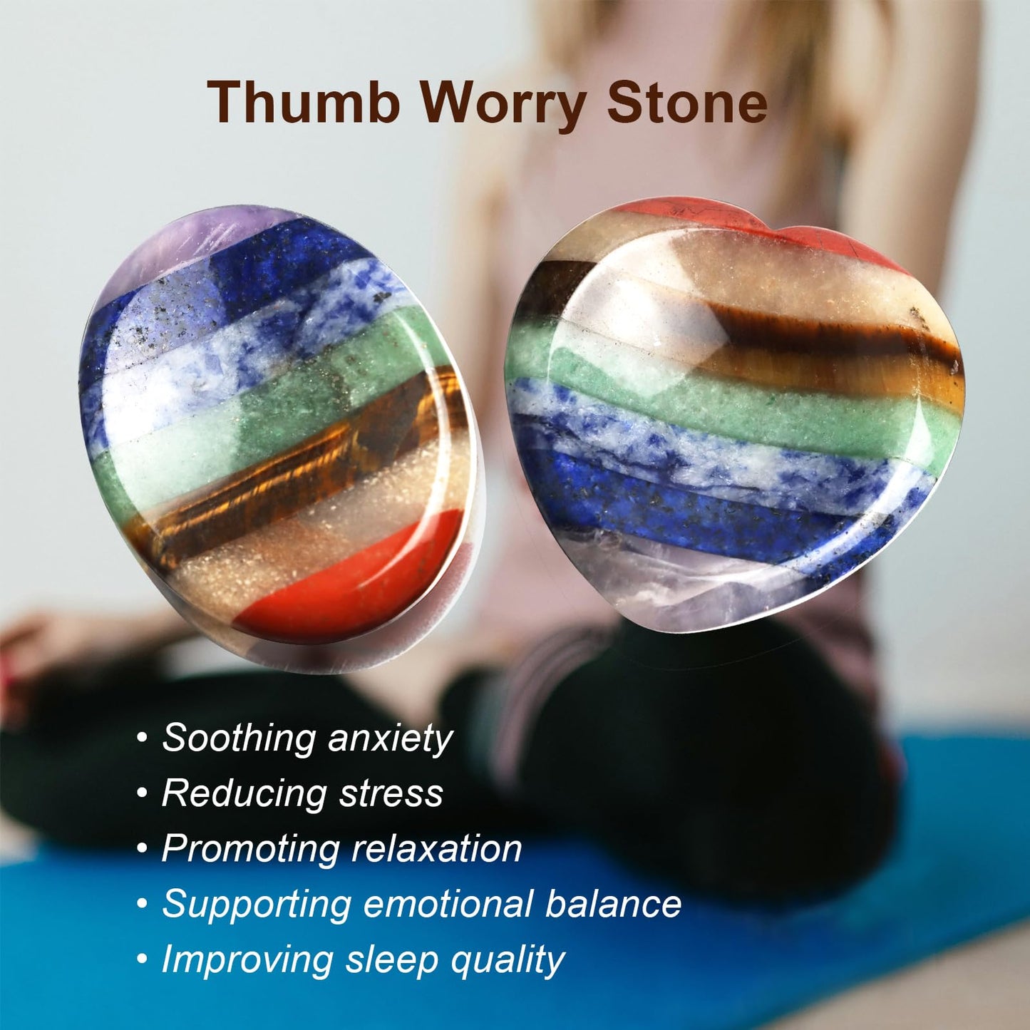 2PCS Worry Stones for Anxiety, 7 Chakra Thumb Oval Heart Crystals Healing Stones, Meditation Chakra Stones Healing Crystals, Natural Reiki Relax Palm Stone Stress Relief Gifts for Women Men