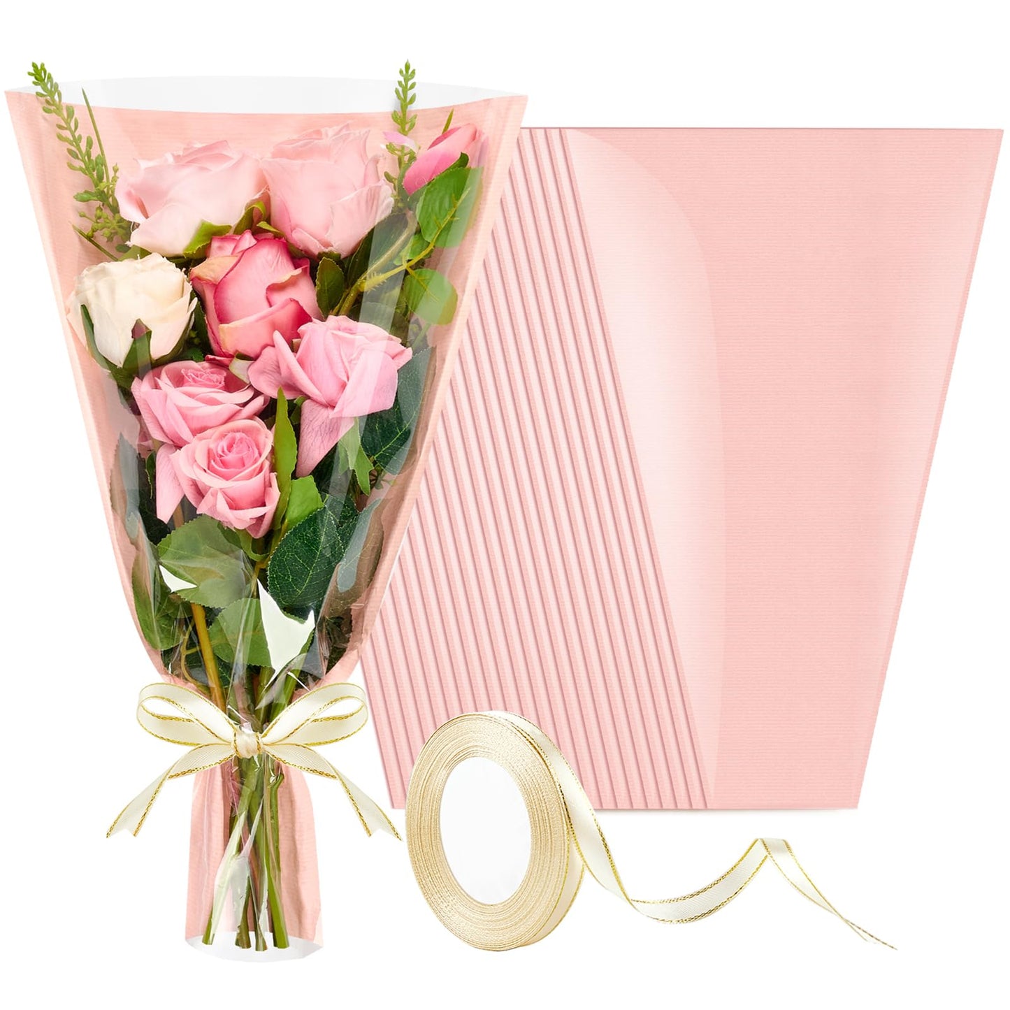Mauproy 50 Pack Pink Flower Bags for Bouquets, Flower Wrapping Bags Kraft Floral Wrap Sleeves with Ribbons for Graduation Wedding Florist Supplies (18 x 12 Inches)