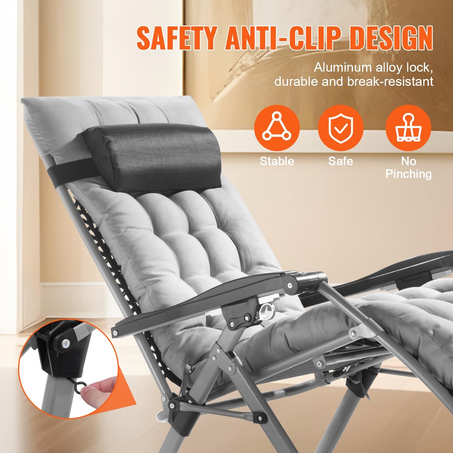 VEVOR Zero Gravity Chair, 26 inch Zero Gravity Recliner Lounge Chair for Indoor and Outdoor, Adjustable Anti Gravity Chair with Cushion, Headrest, Footrest, and Cupholder, 500 lbs, Gray