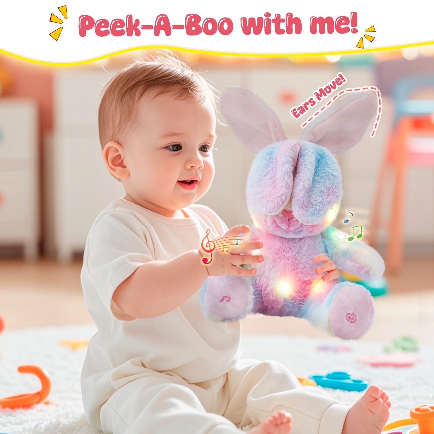Glow Guards 10'' Light up Peek-a-Boo Bunny Stuffed Animal, Singing Rainbow Bunny Stuffed Toy, Animated Interactive Rabbit Plush Toys Easter Birthday Gifts for Baby Toddlers Girls Boys
